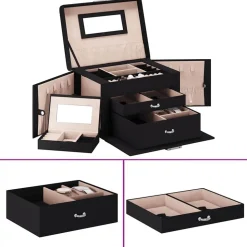 vidaXL Boîte à bijoux 3 niveaux miroir verrouillable noir 26x18x17,5cm