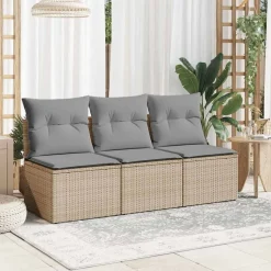 vidaXL Canapé de jardin avec coussins 3 places beige résine tressée