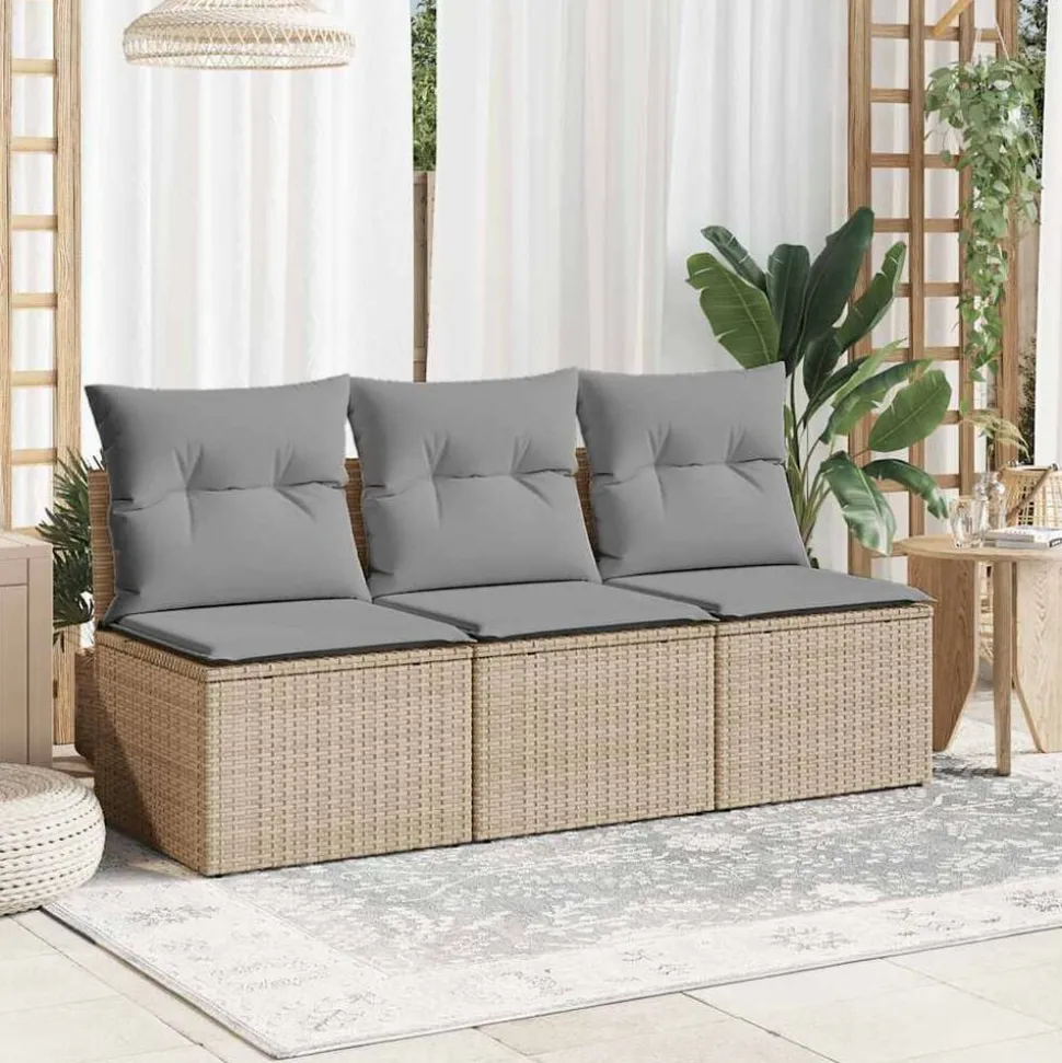 vidaXL Canapé de jardin avec coussins 3 places beige résine tressée