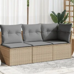 vidaXL Canapé de jardin avec coussins 3 places beige résine tressée