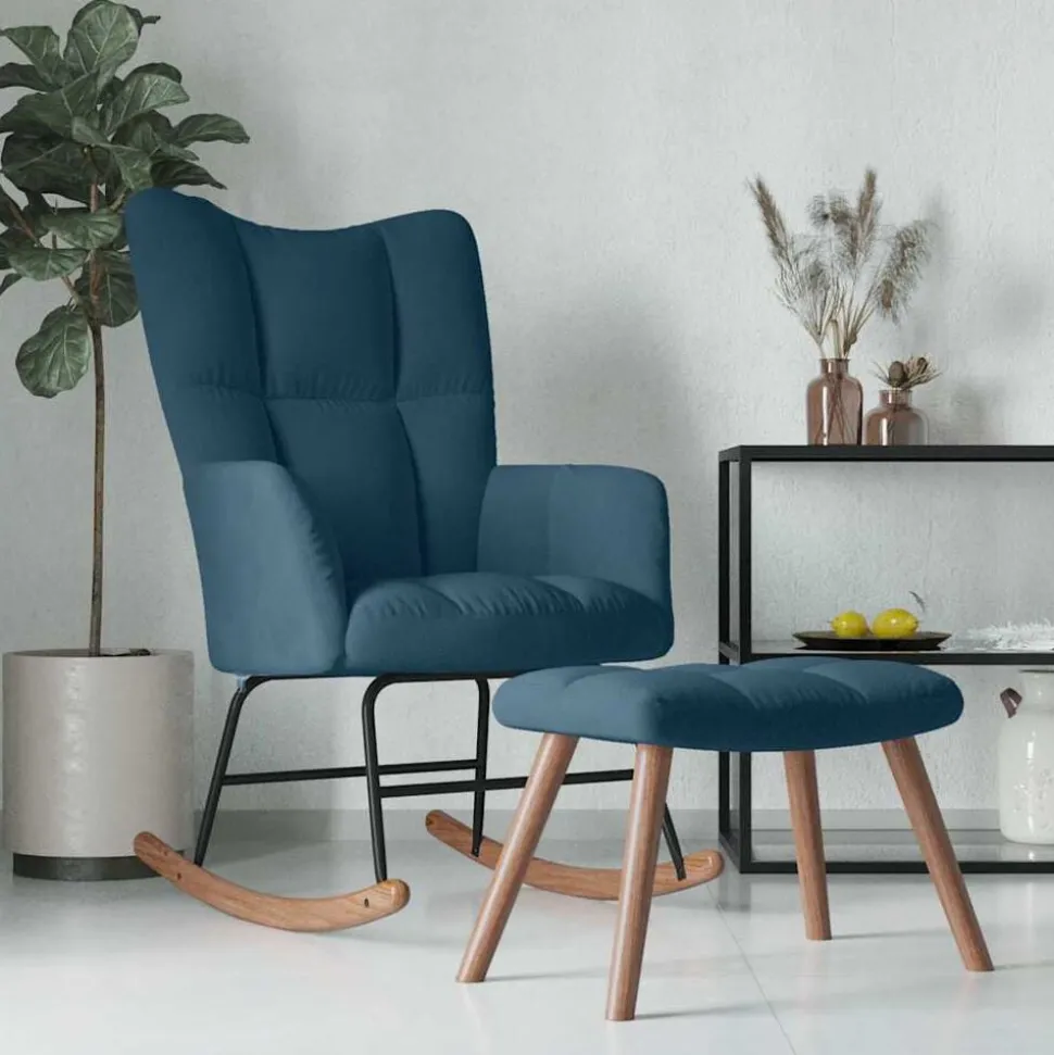 vidaXL Chaise à bascule avec tabouret en velours bleu