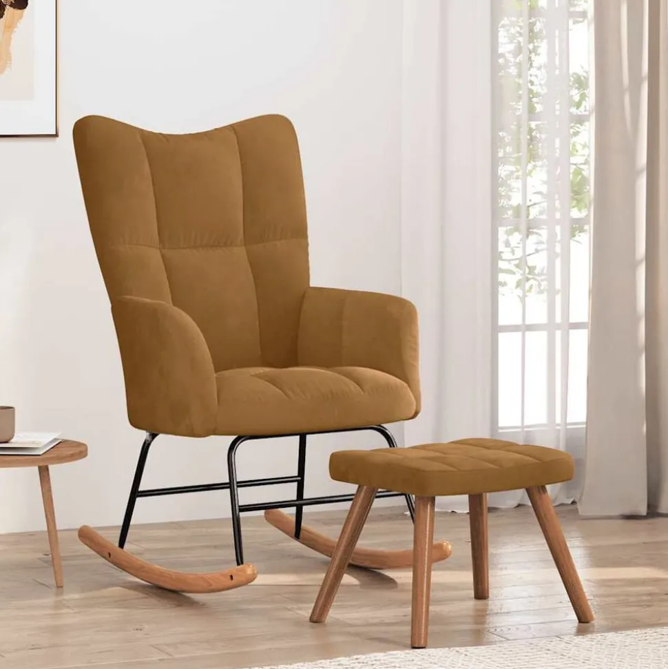 vidaXL Chaise à bascule avec tabouret en velours marron