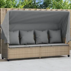 vidaXL Chaise longue avec auvent et coussins beige résine tressée