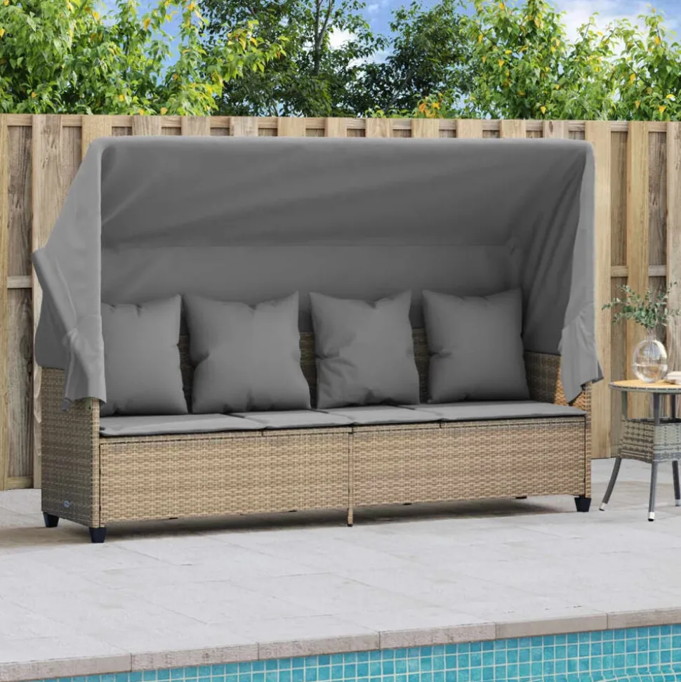 vidaXL Chaise longue avec auvent et coussins beige résine tressée