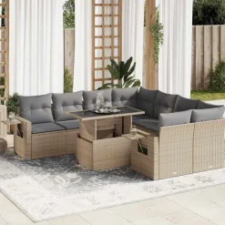 vidaXL Salon de jardin avec coussins 9 pcs beige résine tressée