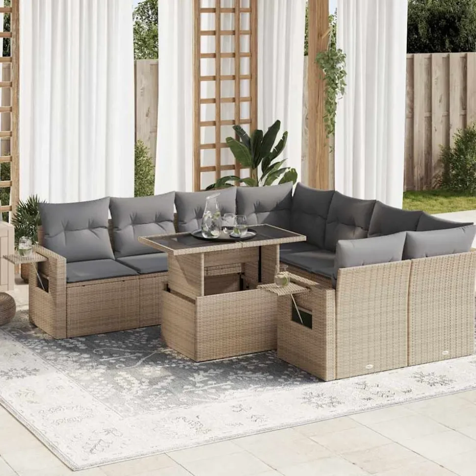 vidaXL Salon de jardin avec coussins 9 pcs beige résine tressée